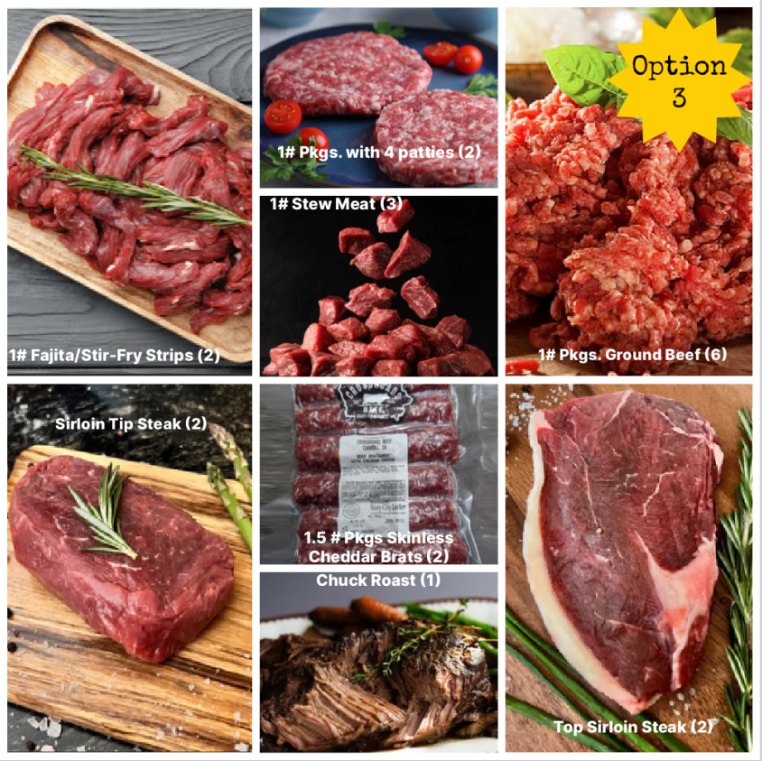 Collage of various cuts of grass fed meat with labels indicating type and quantity.