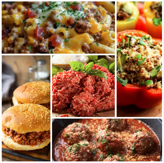 Collage of various dishes featuring grass fed ground beef.