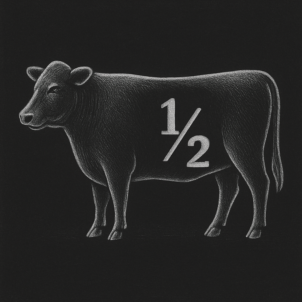 Illustration of a grass fed cow with the number 1/2 on a black background
