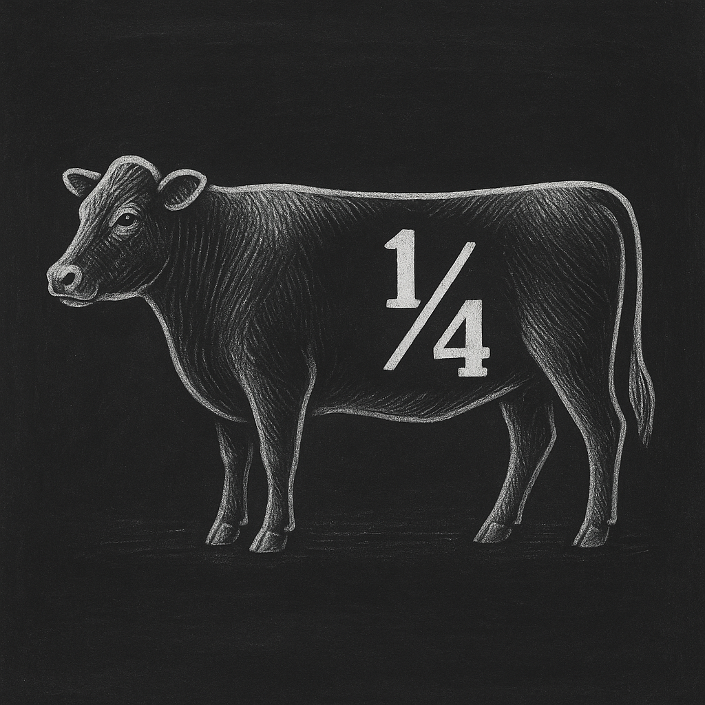 Black and white illustration of a grass fed cow with the number 1/4 on a black background
