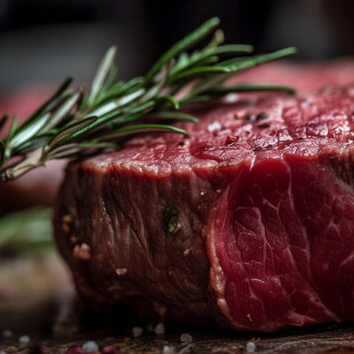 grass fed Steak on a table with Rosemary
