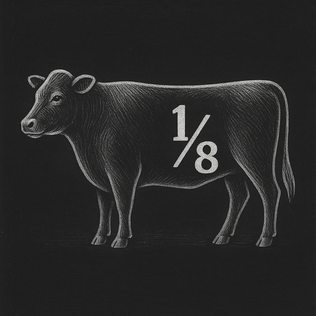 Illustration of a grass fed cow with the fraction 1/8 on a black background