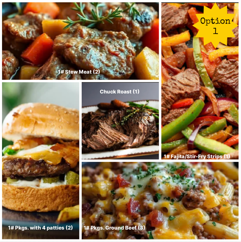 Collage of various cuts of grass fed meat with labels indicating type and quantity.