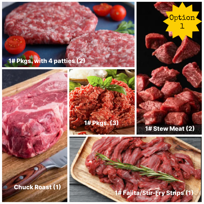 Collage of various cuts of grass fed meat with labels indicating type and quantity.