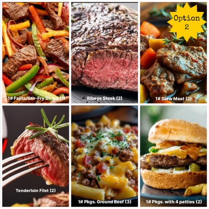 Collage of various cuts of grass fed meat with labels indicating type and quantity.