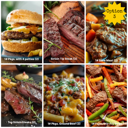 Collage of various cuts of grass fed meat with labels indicating type and quantity.