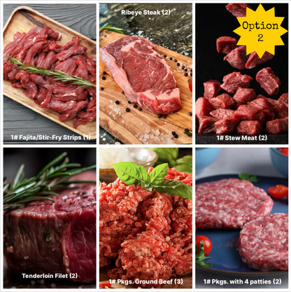 Collage of various cuts of grass fed meat with labels indicating type and quantity.