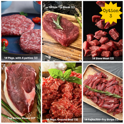 Collage of various cuts of grass fed meat with labels indicating type and quantity.