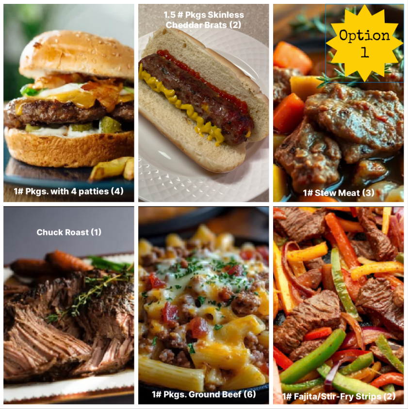 Collage of various cuts of grass fed meat with labels indicating type and quantity.