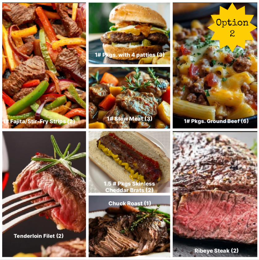 Collage of various cuts of grass fed meat with labels indicating type and quantity.