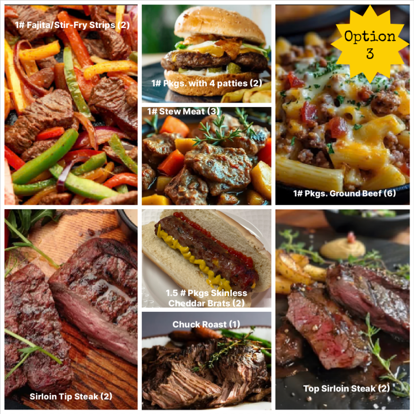 Collage of various cuts of grass fed meat with labels indicating type and quantity.