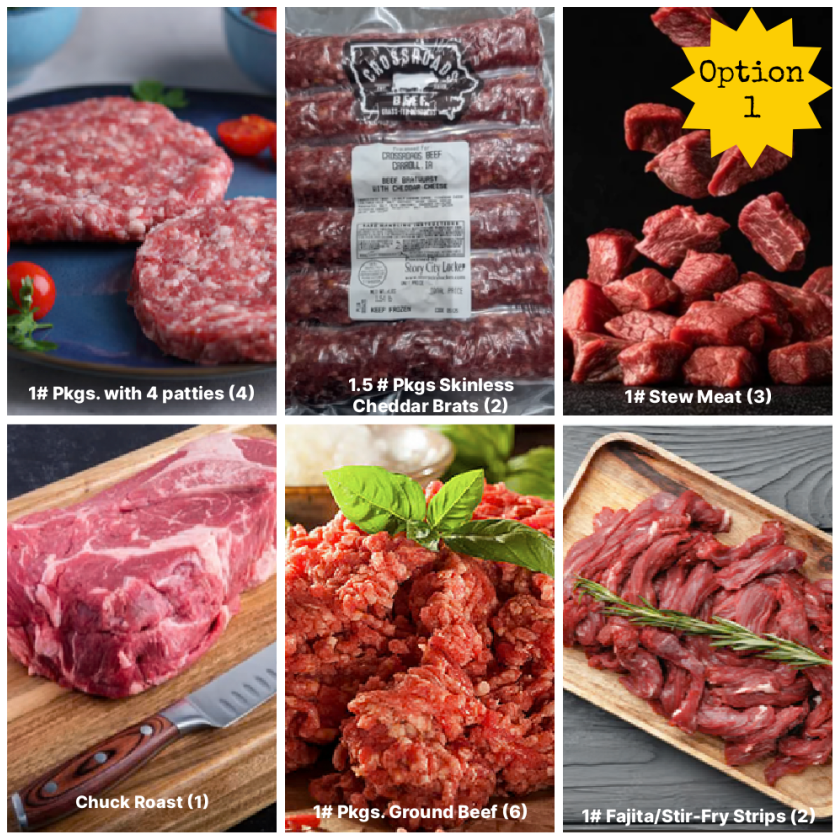 Collage of various cuts of grass fed meat with labels indicating type and quantity.