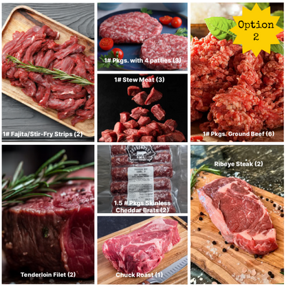 Collage of various cuts of grass fed meat with labels indicating type and quantity.