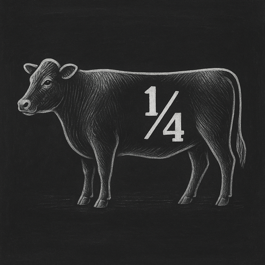 Black and white illustration of a grass fed cow with the number 1/4 on a black background